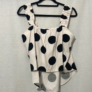Topshot sleeveless polkadot blouse.